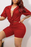 Red Casual Solid Patchwork Buckle Turndown Collar Short Sleeve Two Pieces