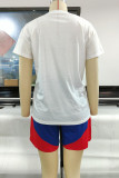 White Casual Print Patchwork O Neck Short Sleeve Two Pieces