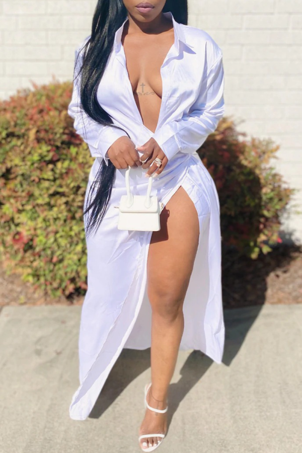 White Sexy Solid Patchwork Turndown Collar Shirt Dress Dresses