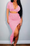 Pink Sexy Solid Patchwork V Neck Short Sleeve Two Pieces