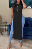 Black Casual Print Patchwork Slit O Neck T-Shirts