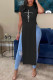 Black Casual Print Patchwork Slit O Neck T-Shirts