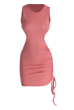 Red Sexy Solid Hollowed Out O Neck Pencil Skirt Dresses