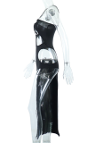Black Sexy Solid Hollowed Out Halter Pencil Skirt Dresses