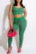 Green Casual Print Patchwork U Neck Two Pieces