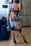 Orange Sexy Print Patchwork O Neck Straight Dresses