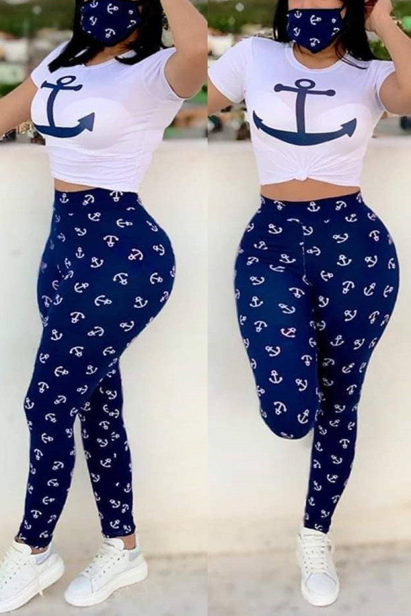 PurplishBlue Fashion Sexy Printed Short Sleeve Top Set（With Mask）