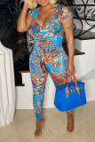 Pink Casual Print Patchwork V Neck Regular Jumpsuits