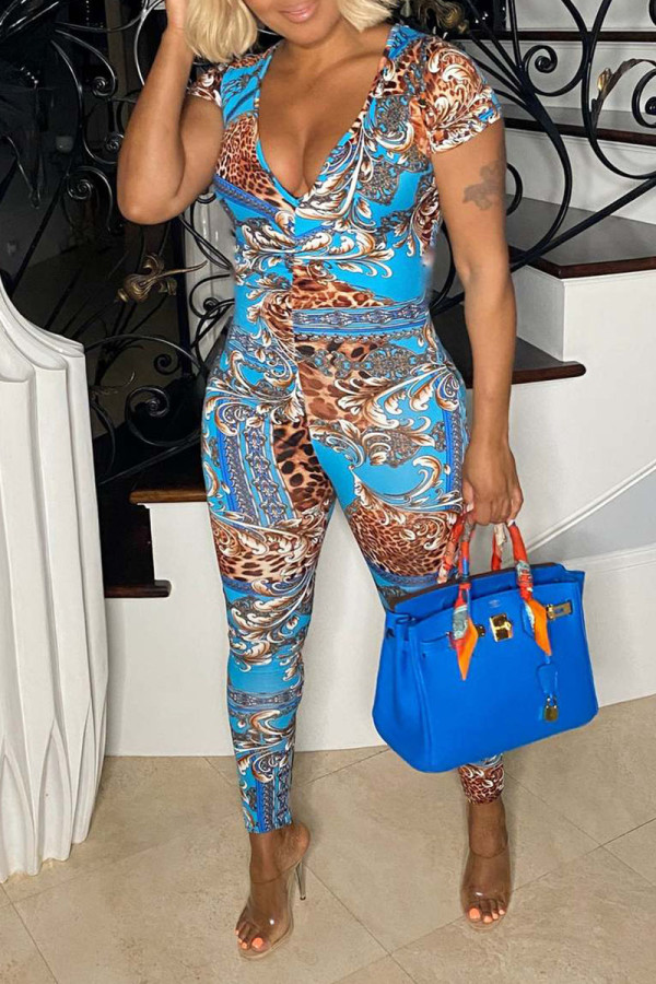 Blue Casual Print Patchwork V Neck Regular Jumpsuits