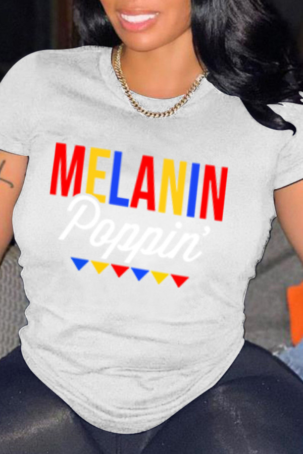 White Fashion Casual Letter Print Basic O Neck T-Shirts