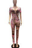 Pink Casual Print Patchwork V Neck Regular Jumpsuits