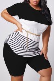 Grey Fashion Casual adult Ma'am O Neck Striped Patchwork Two Piece Suits Stitching Plus Size