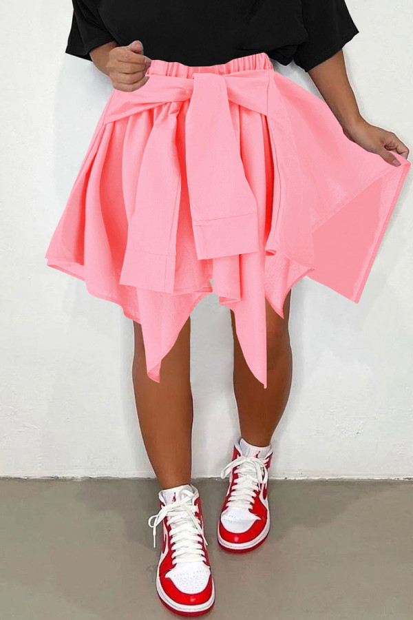 Pink Casual Solid Bandage Patchwork Asymmetrical High Waist Type A Solid Color Bottoms