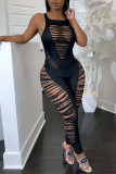 White Sexy Solid Hollowed Out Patchwork U Neck Skinny Jumpsuits