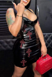 Black Fashion Sexy Solid Patchwork Backless V Neck Sling Dress