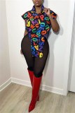 Colour Fashion Casual Letter Print See-through Turndown Collar Two Pieces