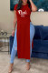 Red Casual Print Patchwork Slit O Neck T-Shirts