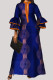 Dark Blue Fashion Casual Print Patchwork V Neck Long Sleeve Dresses
