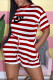 Dark Red Fashion Living Striped Letter O Neck Rompers