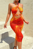 Orange Fashion Sexy Print Bandage Hollowed Out Backless Halter Strapless Dress
