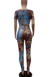 Pink Casual Print Patchwork V Neck Regular Jumpsuits