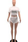White Sexy Solid Split Joint Backless O Neck Short Sleeve Two Pieces