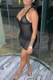 Black Fashion Sexy Solid Patchwork See-through Backless V Neck Sling Dress