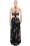 Black Fashion Sexy Print Bandage Hollowed Out Backless Slit Halter Sling Dress
