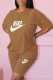 Khaki Fashion Casual Print Letter O Neck Short Sleeve Two Pieces