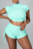 Green Sexy Solid Patchwork Backless O Neck Short Sleeve Two Pieces