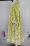 Yellow Fashion Casual Patchwork Embroidered Beading O Neck Long Sleeve Dresses