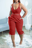 Red Sexy Solid Split Joint V Neck Two Pieces