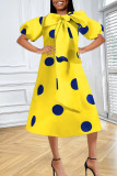 Blue Elegant Print Patchwork With Bow O Neck A Line Dresses