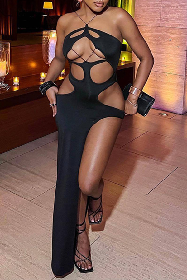 Black Sexy Solid Hollowed Out Halter Pencil Skirt Dresses