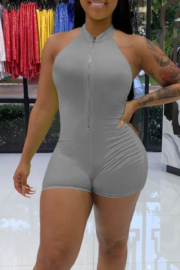Grey Casual Solid Patchwork O Neck Regular Rompers
