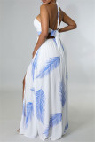 White Fashion Sexy Print Bandage Hollowed Out Backless Slit Halter Sling Dress