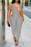 Grey Sexy Solid Hollowed Out Patchwork V Neck Regular Jumpsuits