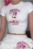 White Fashion Casual Print Basic O Neck T-Shirts