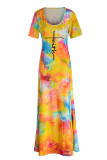 Yellow Sexy Print Tie Dye Split Joint Backless O Neck Straight Dresses