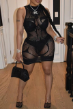 Black Sexy Solid Mesh Half A Turtleneck Pencil Skirt Dresses