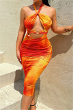 Orange Fashion Sexy Print Bandage Hollowed Out Backless Halter Strapless Dress