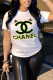 White Fashion Street Print Patchwork Letter O Neck T-Shirts