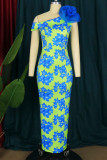 Blue Elegant Print Patchwork Appliques Oblique Collar Straight Dresses