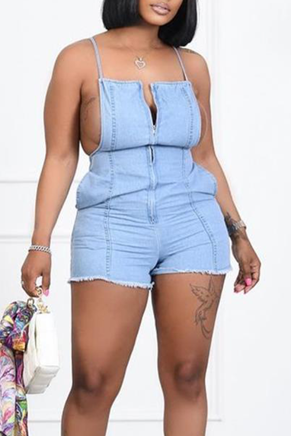 Blue Sexy Solid Patchwork Spaghetti Strap Skinny Rompers