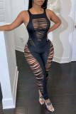 White Sexy Solid Hollowed Out Patchwork U Neck Skinny Jumpsuits