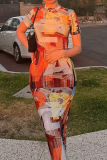 Orange Sexy Print Patchwork O Neck Straight Dresses