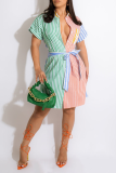 Colour Casual Striped Patchwork Turndown Collar Shirt Dress Dresses