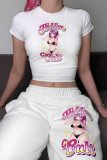 White Fashion Casual Print Basic O Neck T-Shirts