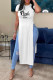 White Casual Print Patchwork Slit O Neck T-Shirts