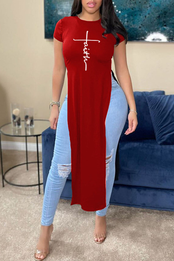 Red Casual Print Patchwork Slit O Neck T-Shirts